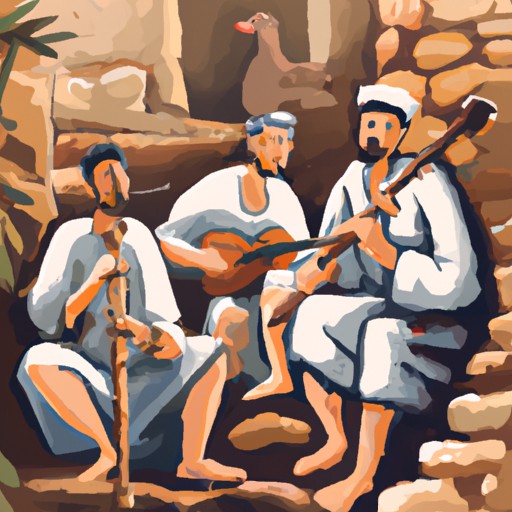 3. An illustration of Israeli folk musicians in traditional attire, playing music in a rustic setting