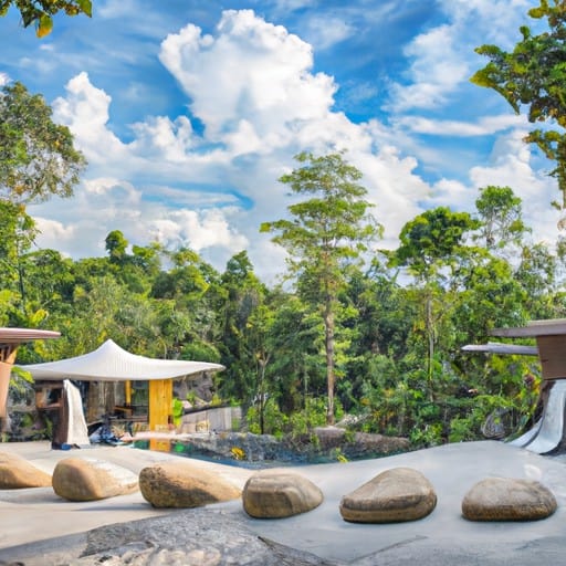 A panoramic view of Moon Holidays' luxury resort nestled amidst the lush greenery of Thailand.