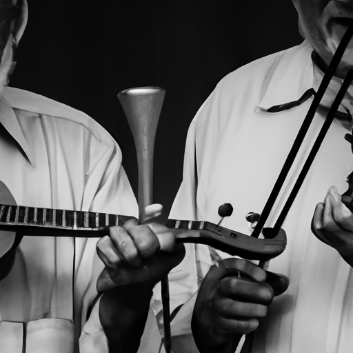 1. A black and white photo of iconic Israeli musicians from the early years of the country's formation, holding traditional musical instruments